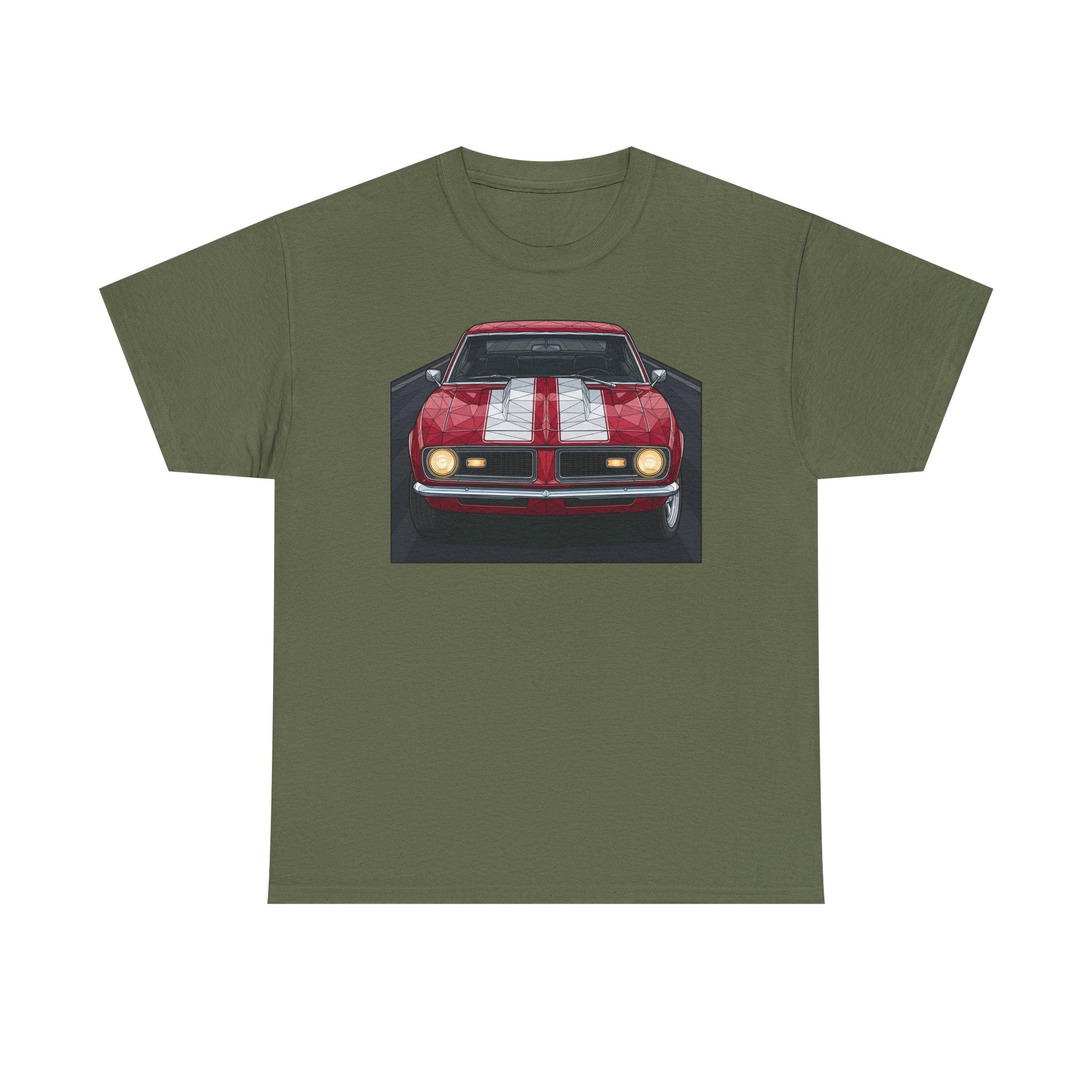 Olive green vintage muscle car graphic T-shirt with front view red car illustration
