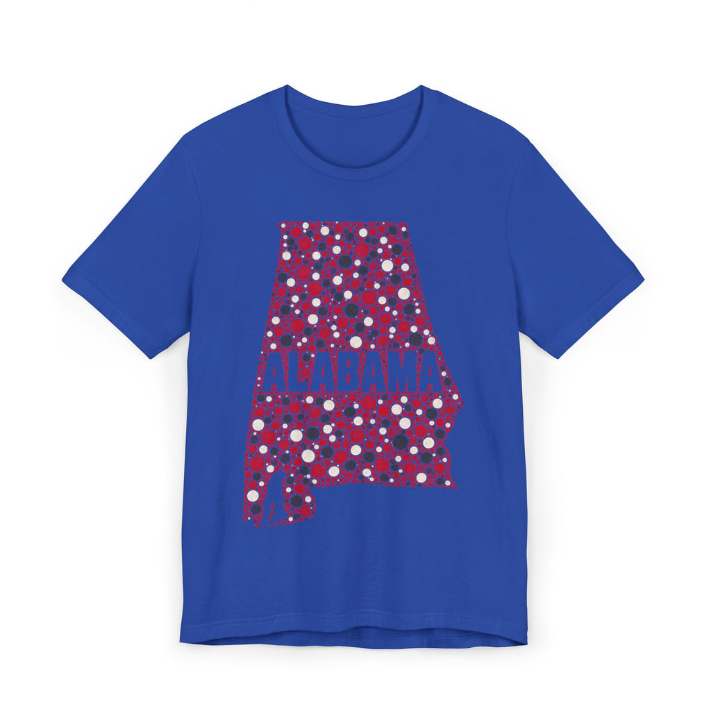 Royal blue Alabama graphic T-shirt with red dotted state outline and “ALABAMA” text