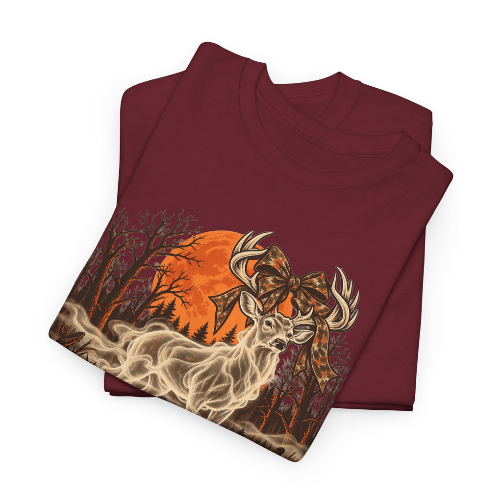 Maroon Halloween deer graphic T-shirt with ghost buck and smoky autumn scene