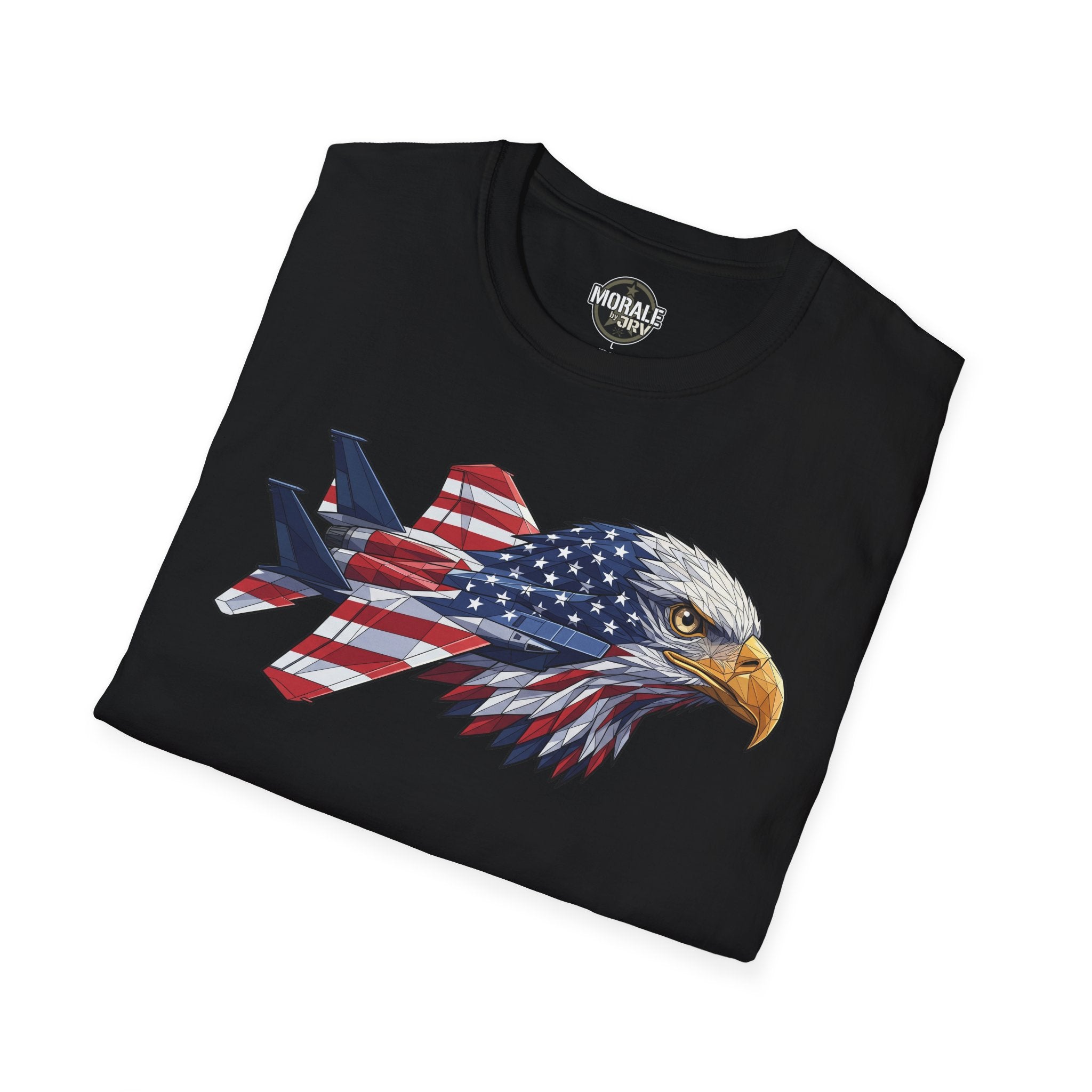 Black T-shirt with bald eagle head and USA flag graphic on the front