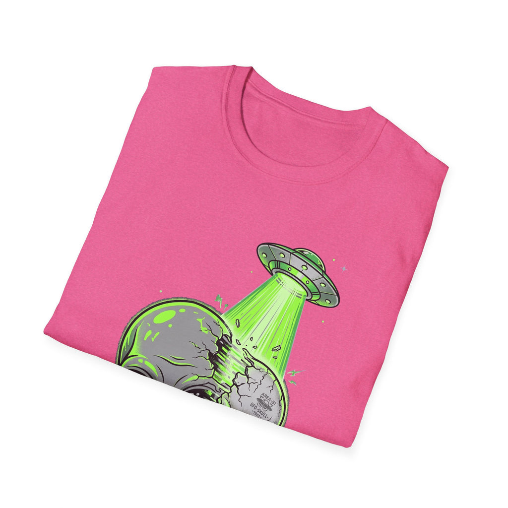 Pink Alien & Skull T-shirt with green UFO tractor-beam graphic on front
