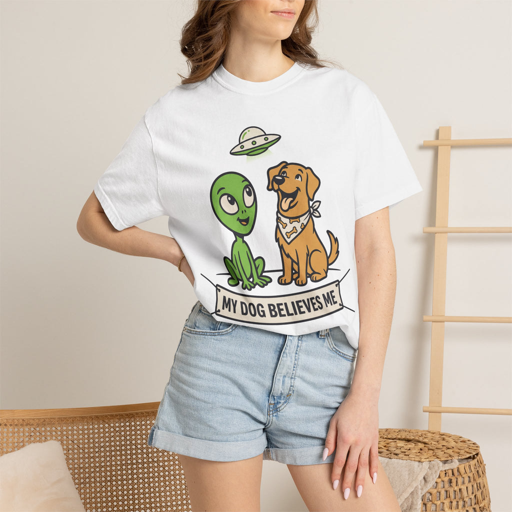 White crewneck T-shirt with alien and brown dog cartoon graphic