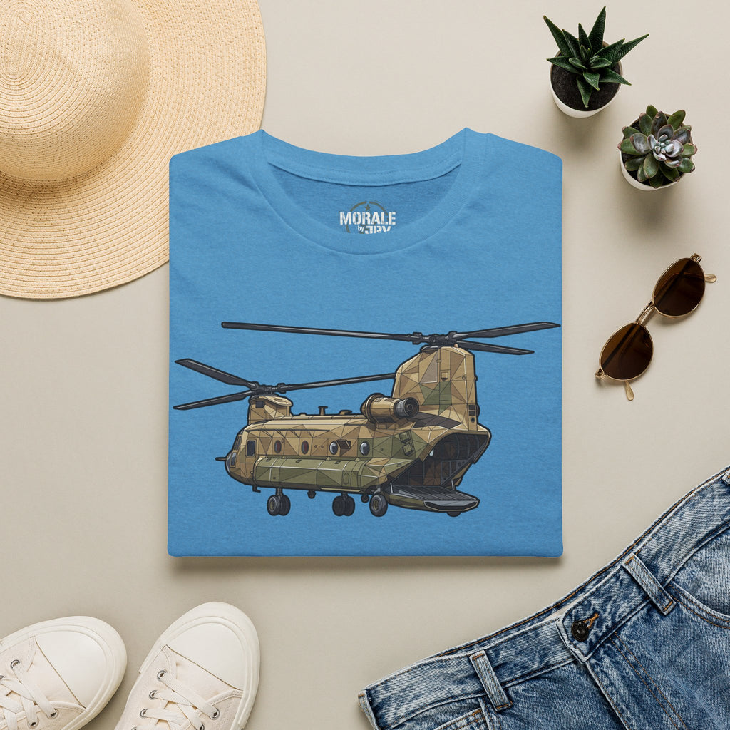 CH-47 Chinook helicopter graphic T-shirt in blue with camouflage print