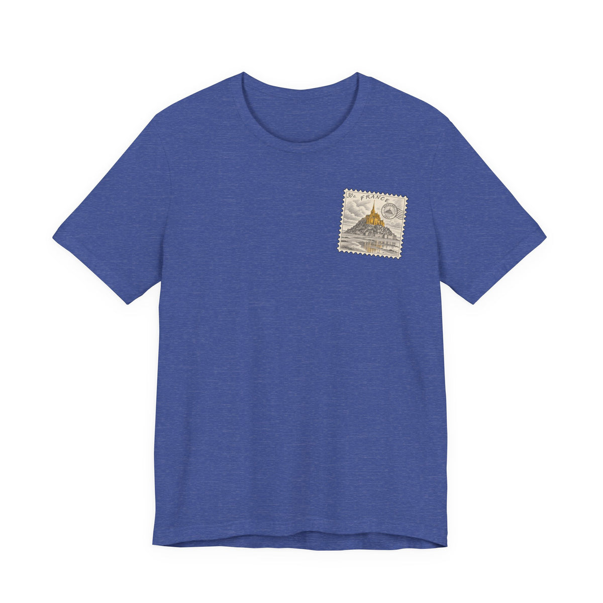 Blue T-shirt with small vintage postage stamp graphic on left chest.