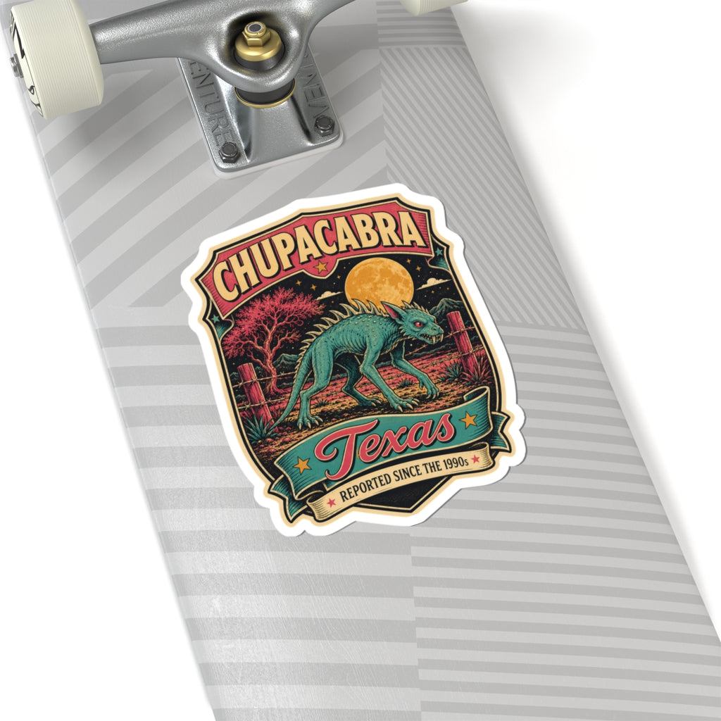 Shield-shaped Chupacabra Texas sticker showing moonlit fence and teal creature