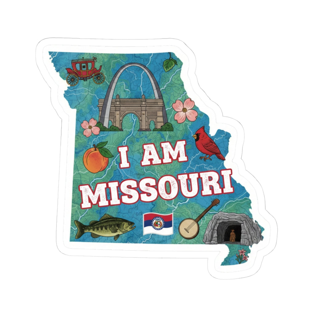 I AM MISSOURI Sticker: state map collage with arch, flowers, cardinals and red text