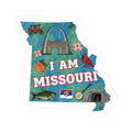 I AM MISSOURI Sticker: state map collage with arch, flowers, cardinals and red text