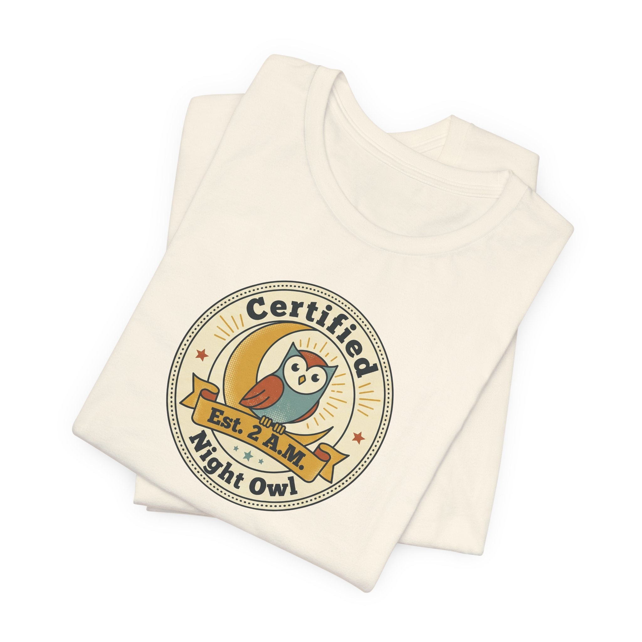Light cream Night Owl badge graphic T-shirt with round Certified logo