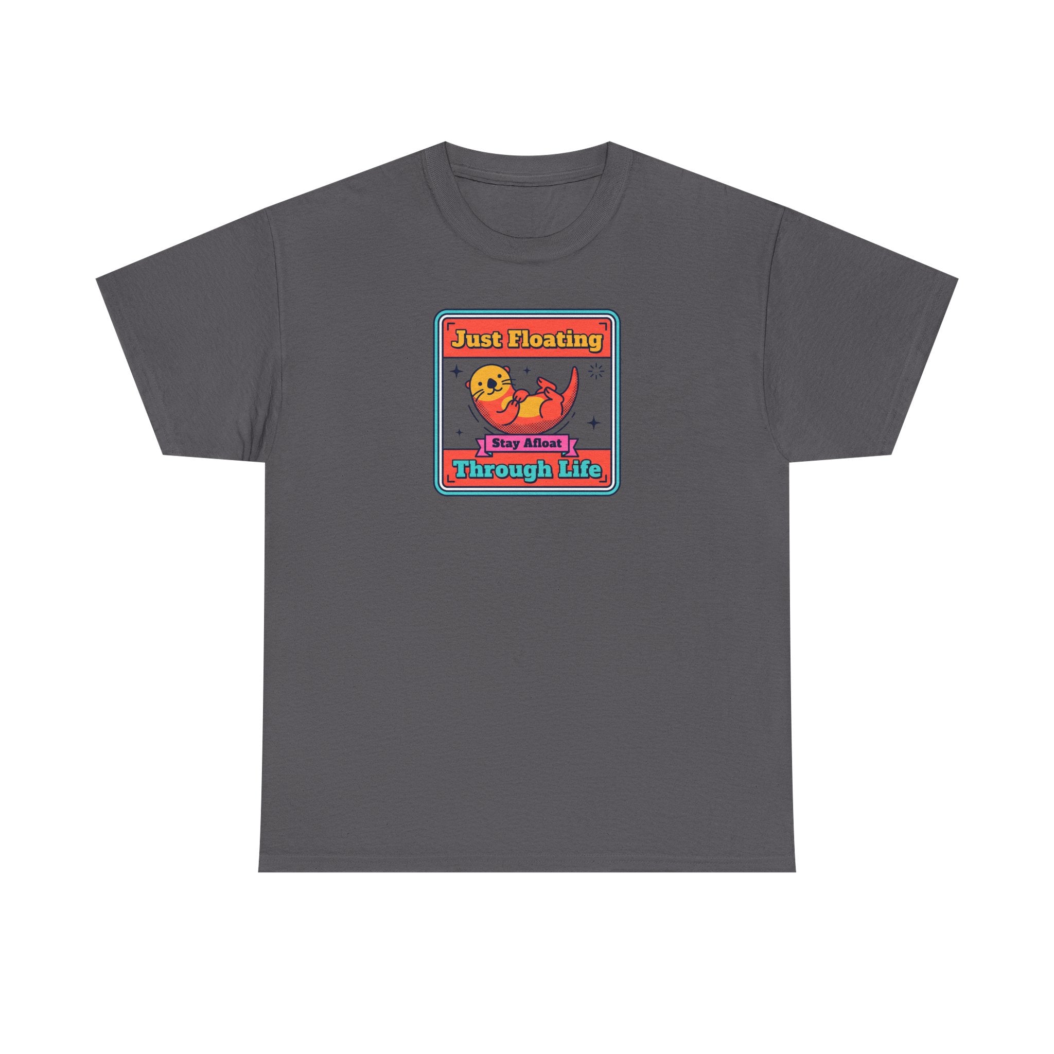 Charcoal crewneck T-shirt with framed otter graphic and text on chest