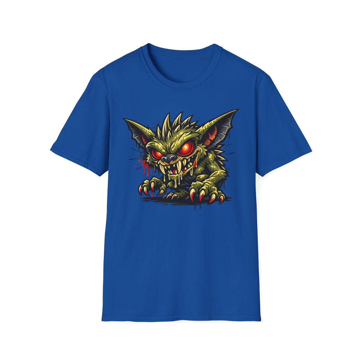 Royal blue crew-neck T-shirt with green gremlin skull and red glowing eyes chest graphic