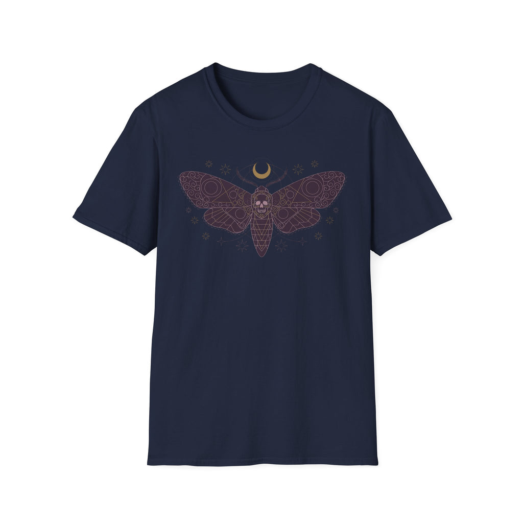 Navy crewneck T-shirt with large moth graphic and crescent moon