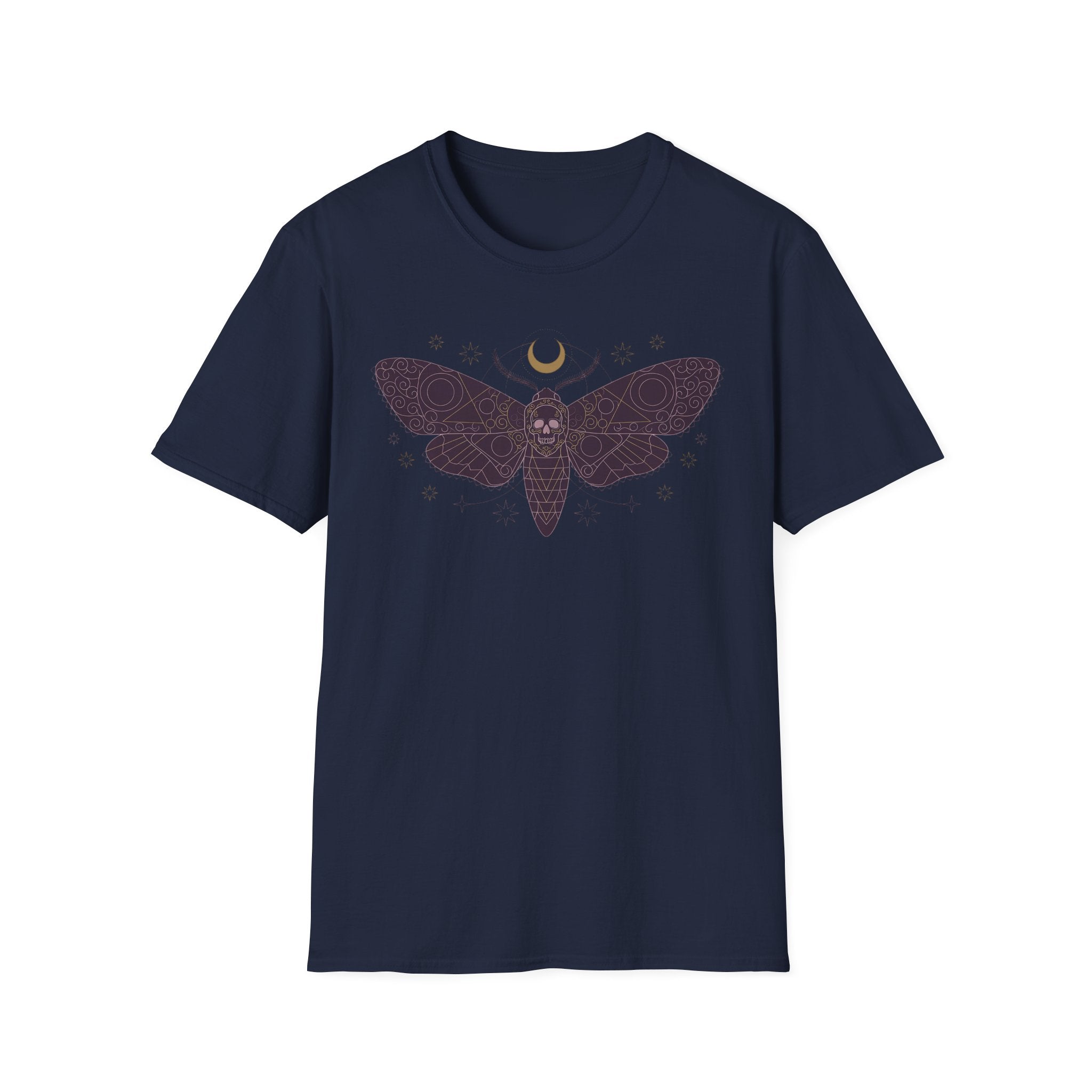 Navy crewneck T-shirt with large moth graphic and crescent moon