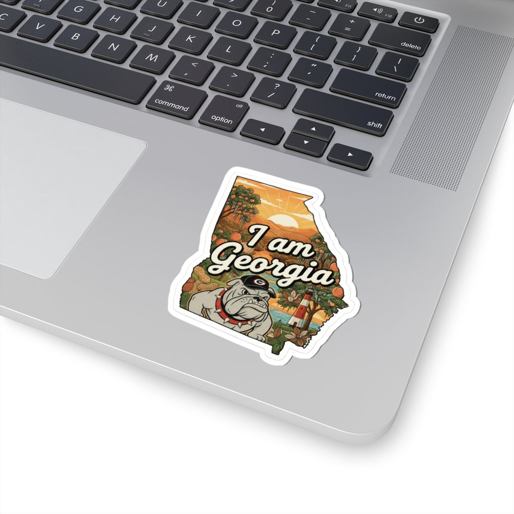 I am Georgia die-cut sticker on laptop, bulldog and “I am Georgia” lettering