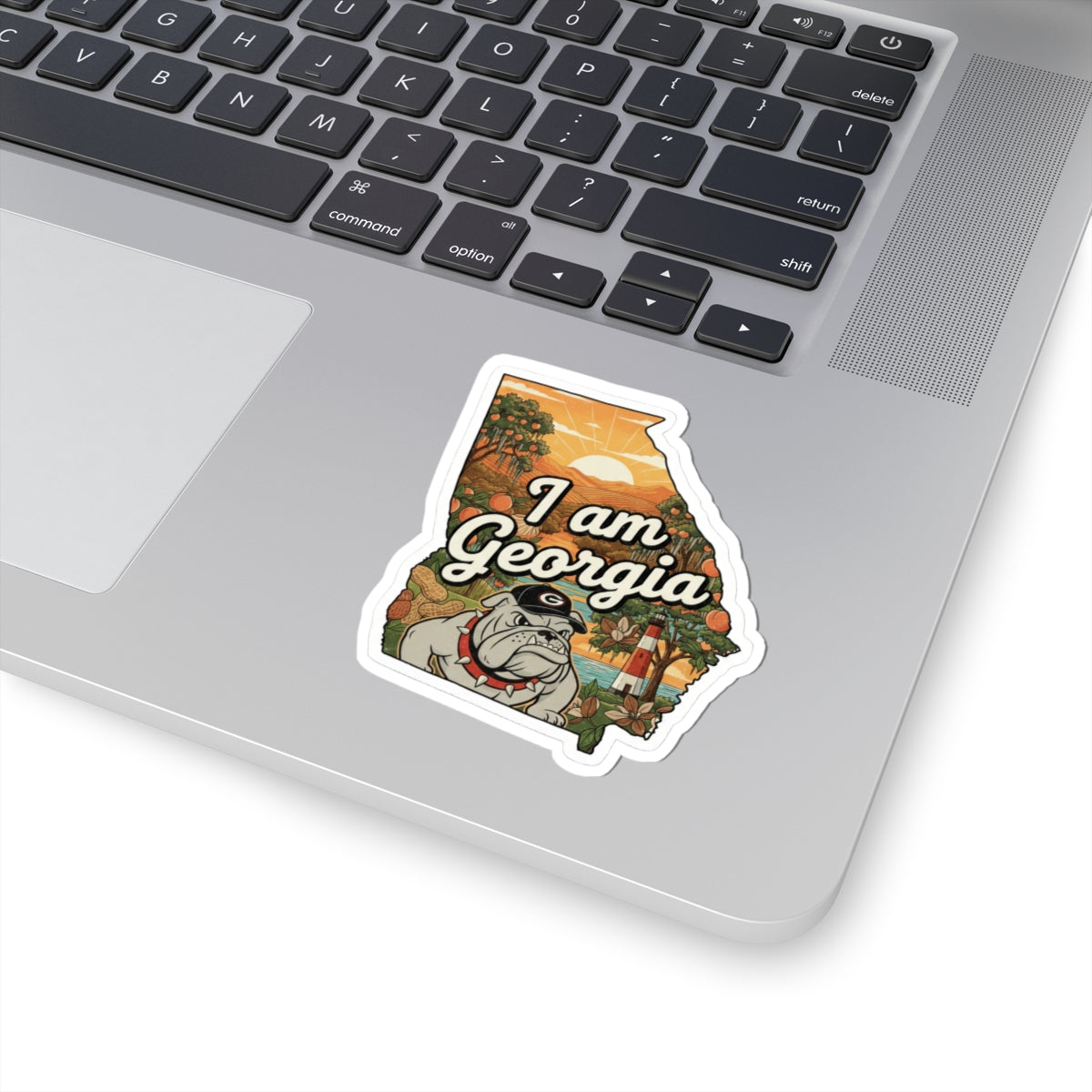 I am Georgia die-cut sticker on laptop, bulldog and “I am Georgia” lettering
