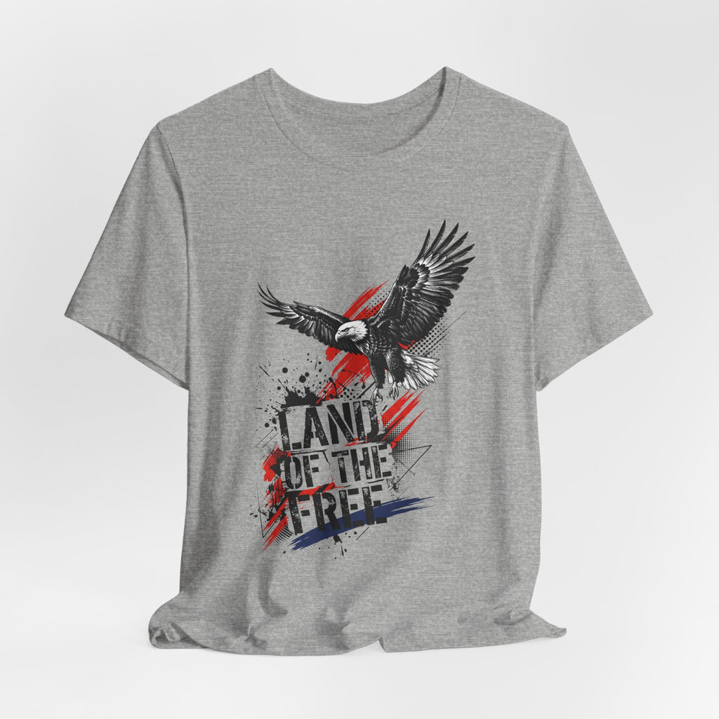 Heather gray graphic t-shirt with eagle wings and "LAND OF THE FREE" distressed text print.