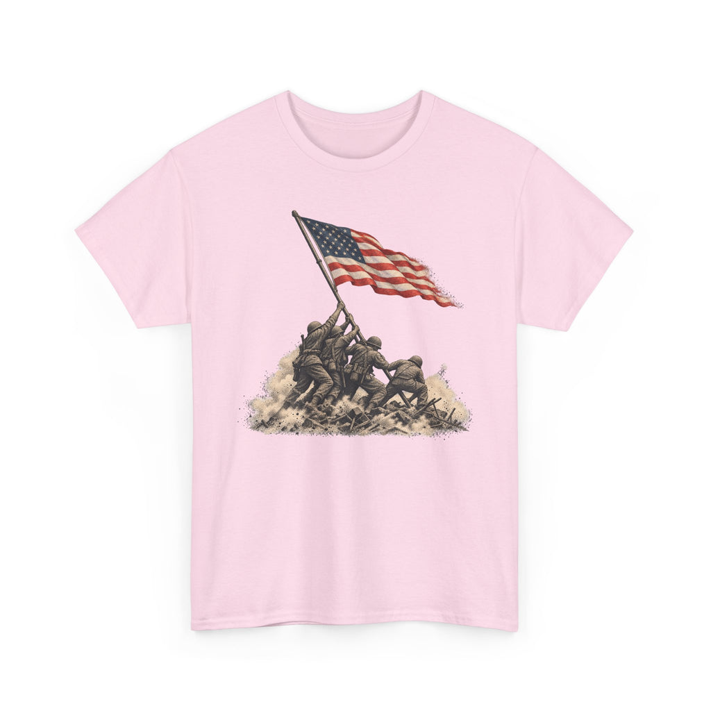 Light pink crewneck T-shirt with flag-raising soldier graphic on the front