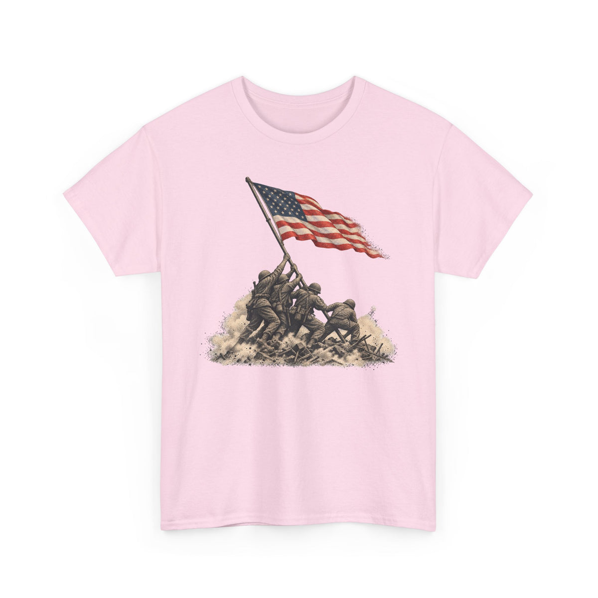 Light pink crewneck T-shirt with flag-raising soldier graphic on the front