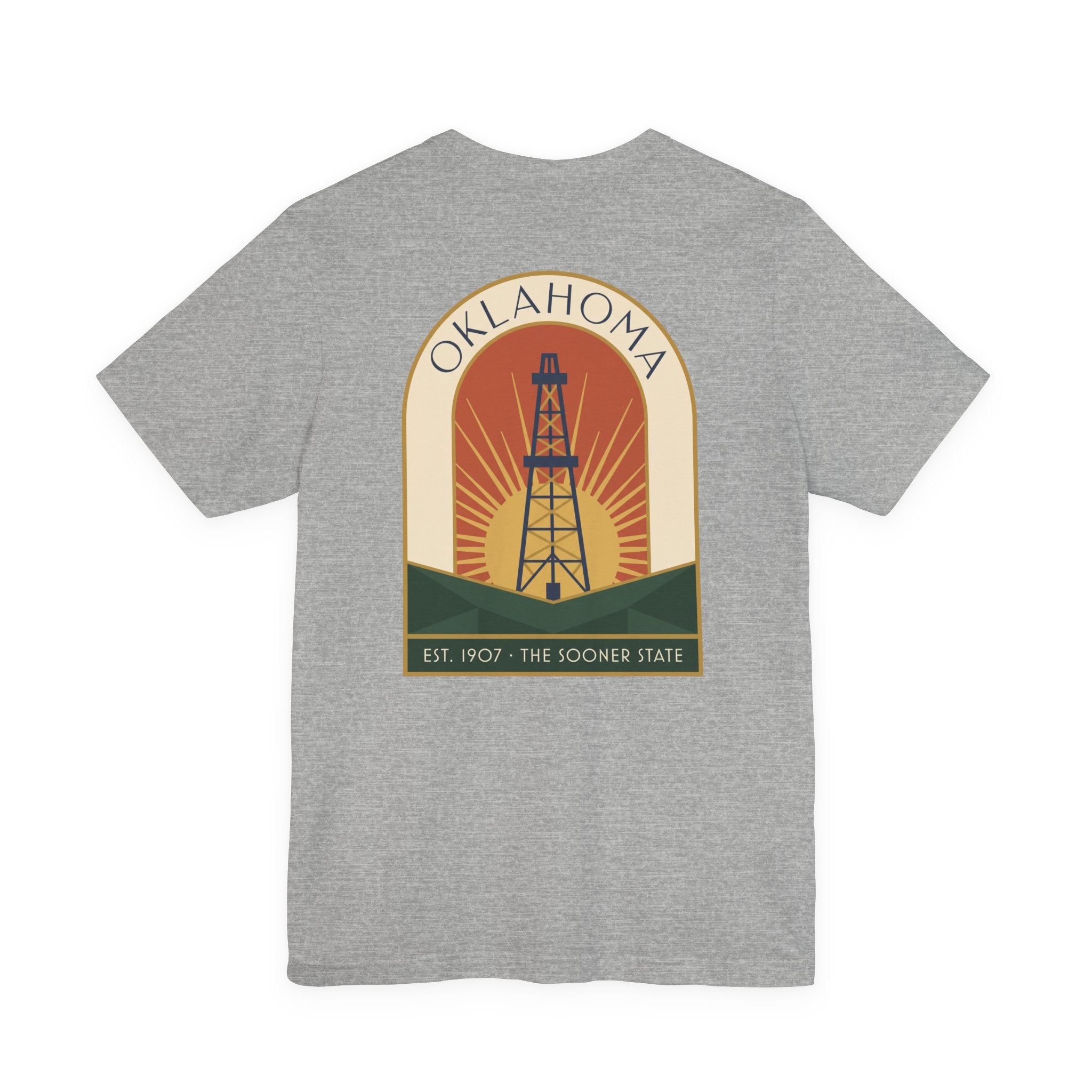 Heather gray T-shirt with large back oil derrick sunset graphic and Oklahoma text