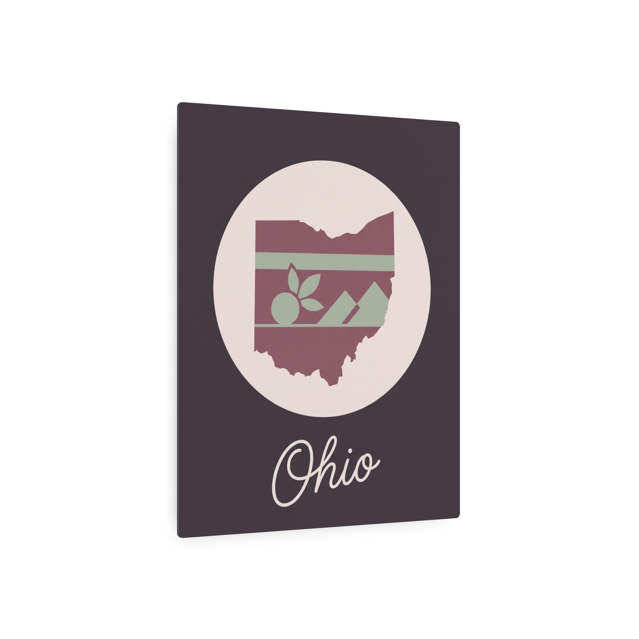 Mauve square metal wall art with Ohio emblem in a beige circle and 'Ohio' script