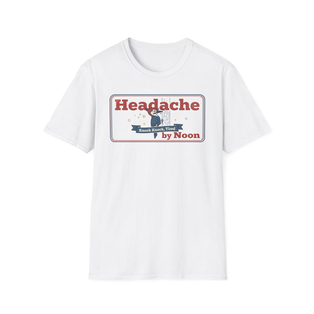 White T-shirt with “Headache” graphic sign and banner text in red and blue