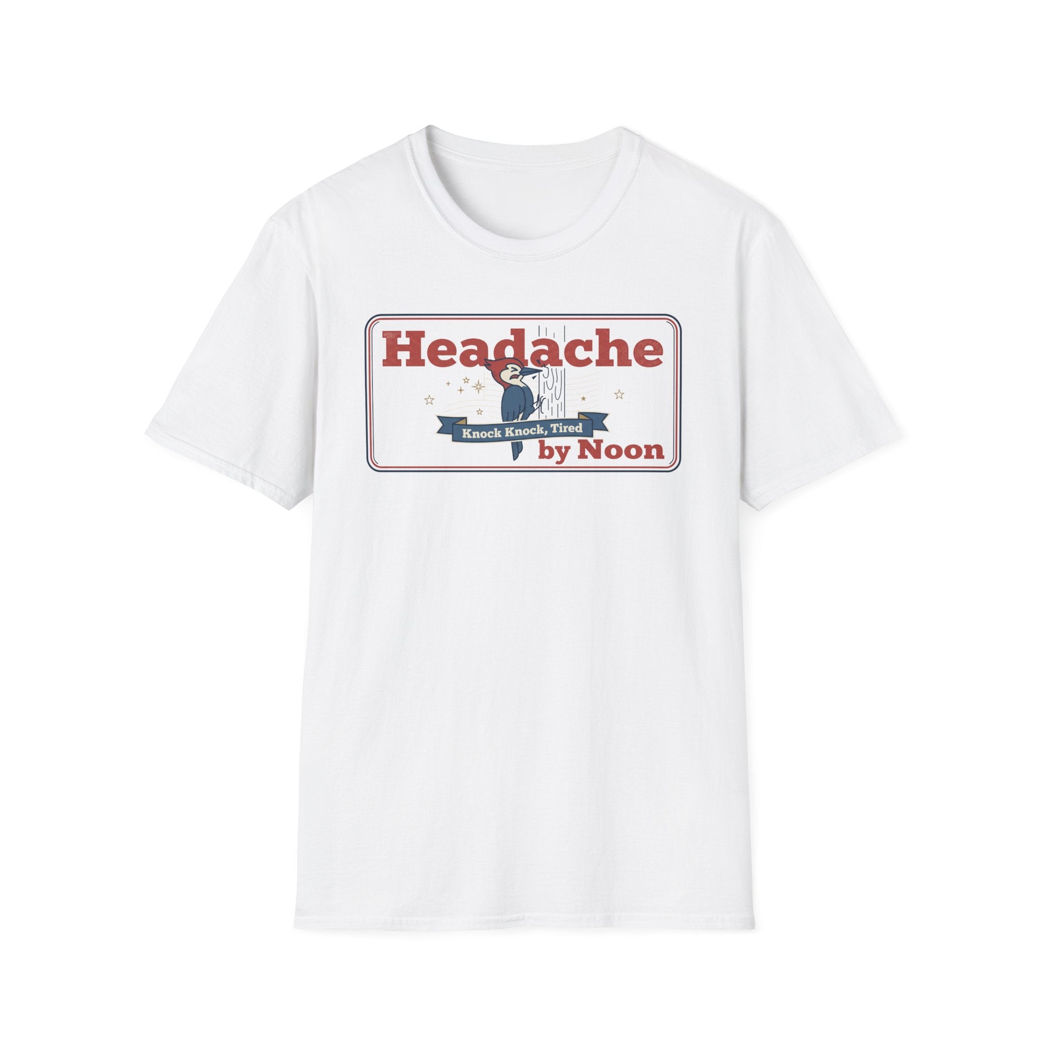 White T-shirt with “Headache” graphic sign and banner text in red and blue