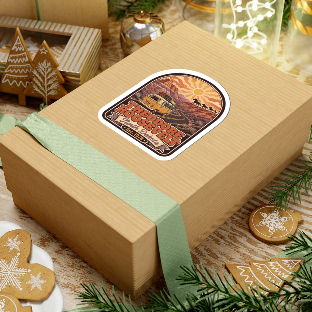 Kiss-cut sticker on a gift box, camper van landscape with Theodore Roosevelt North Dakota text