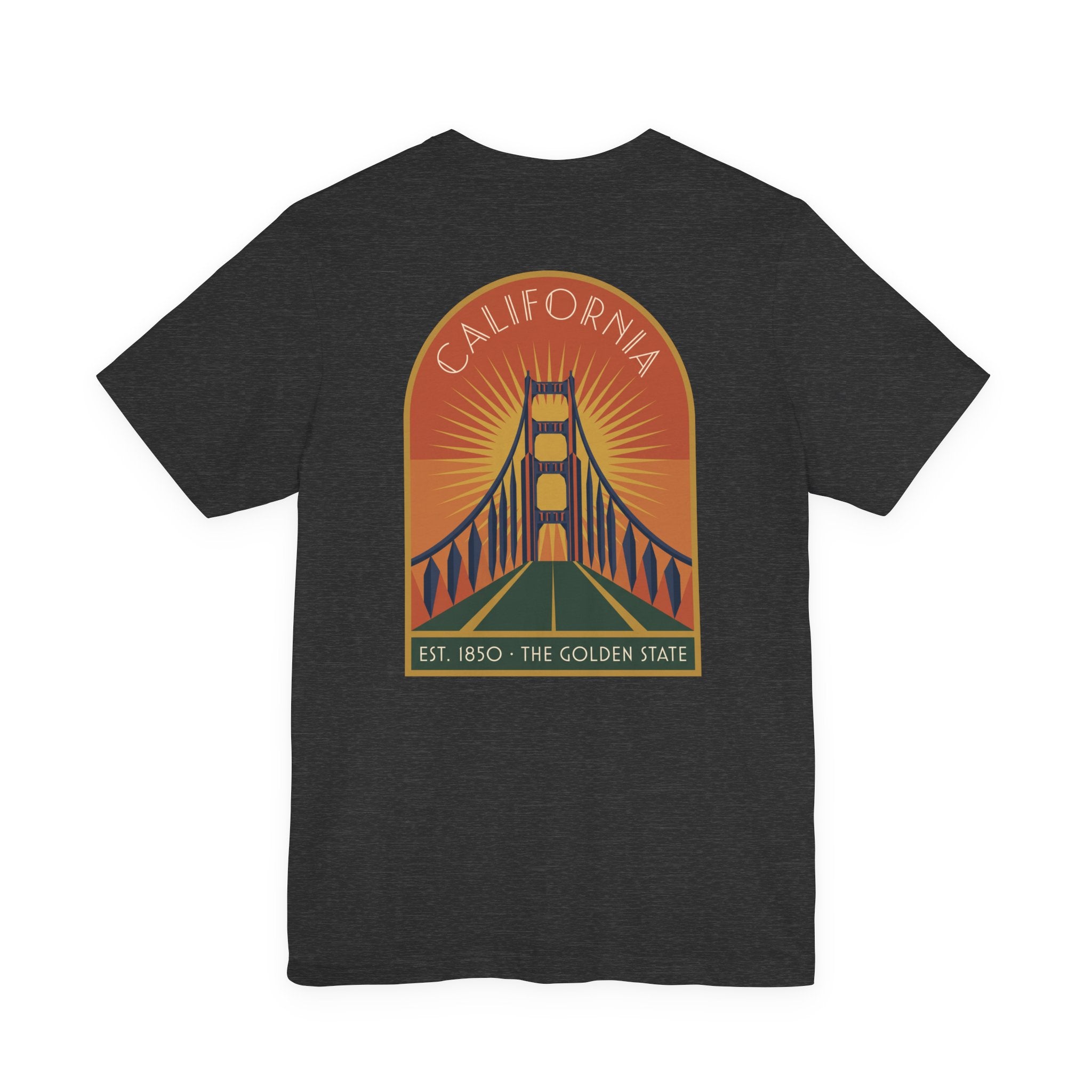 Black T-shirt with California Golden Gate Bridge sunset graphic on chest