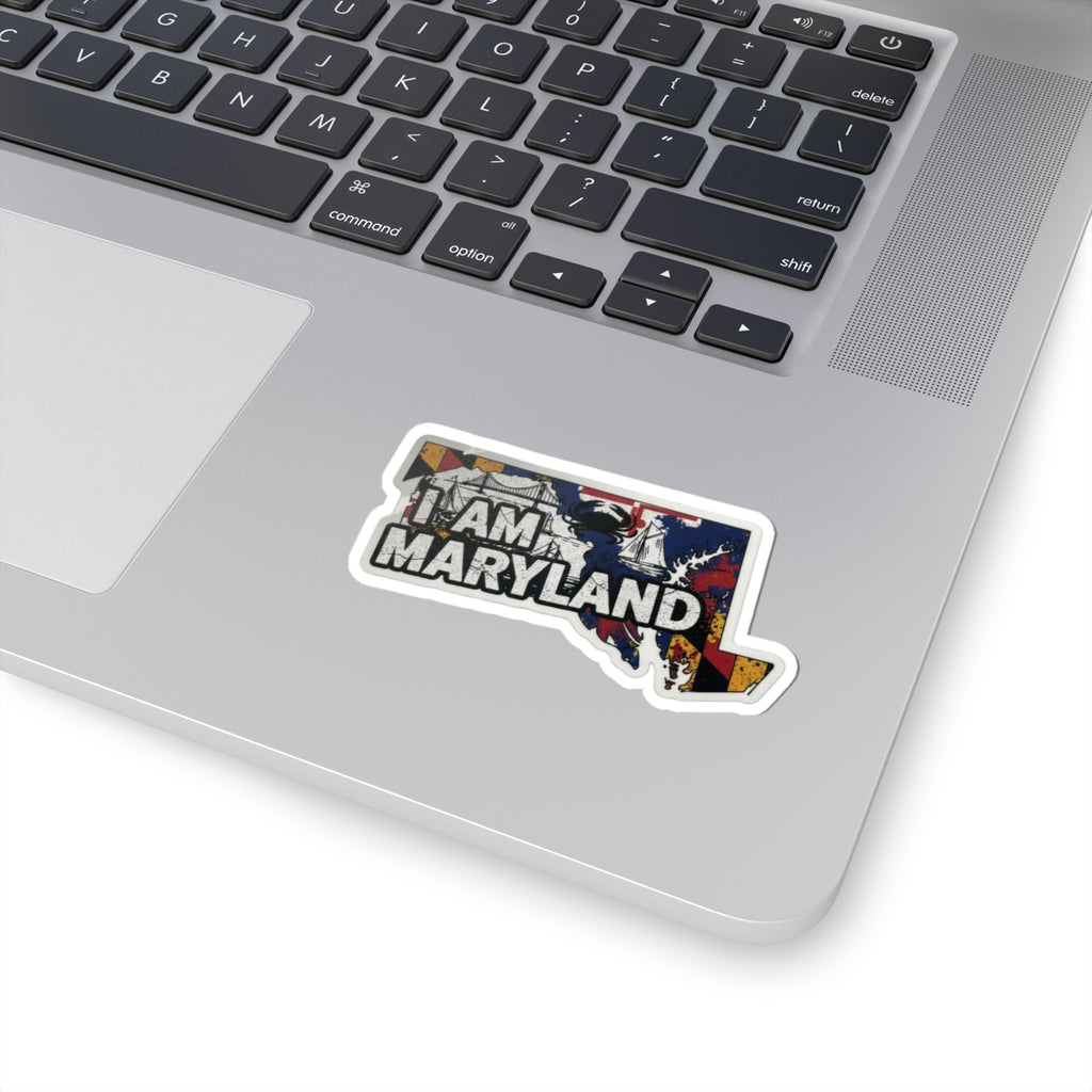 I AM MARYLAND sticker with collage art and white border on a laptop