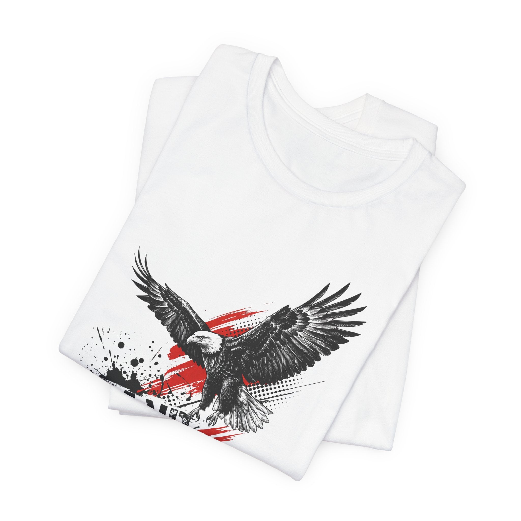 White crewneck t-shirt with eagle graphic and distressed flag-style stripes