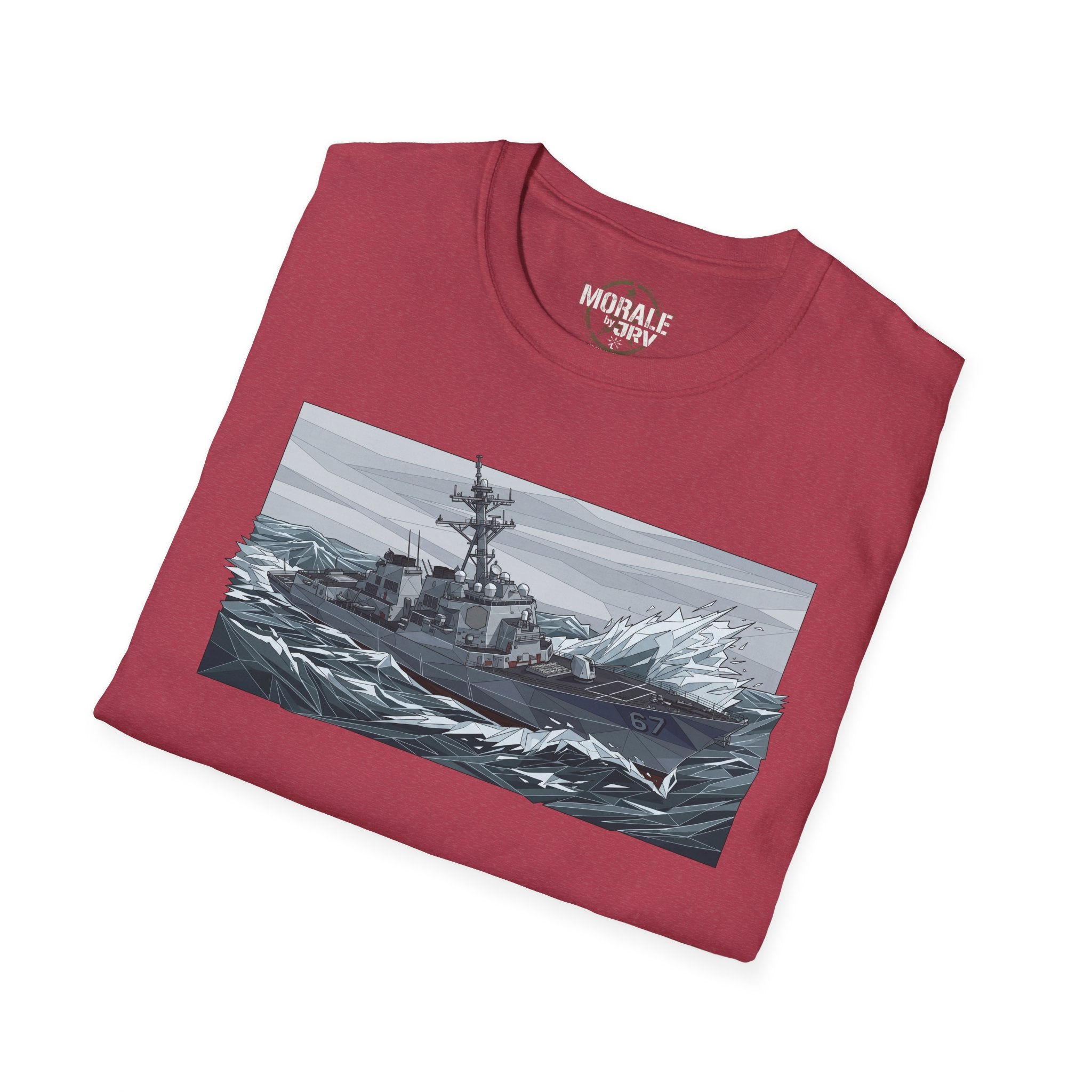 Burgundy crewneck T-shirt with battleship stormy seas graphic