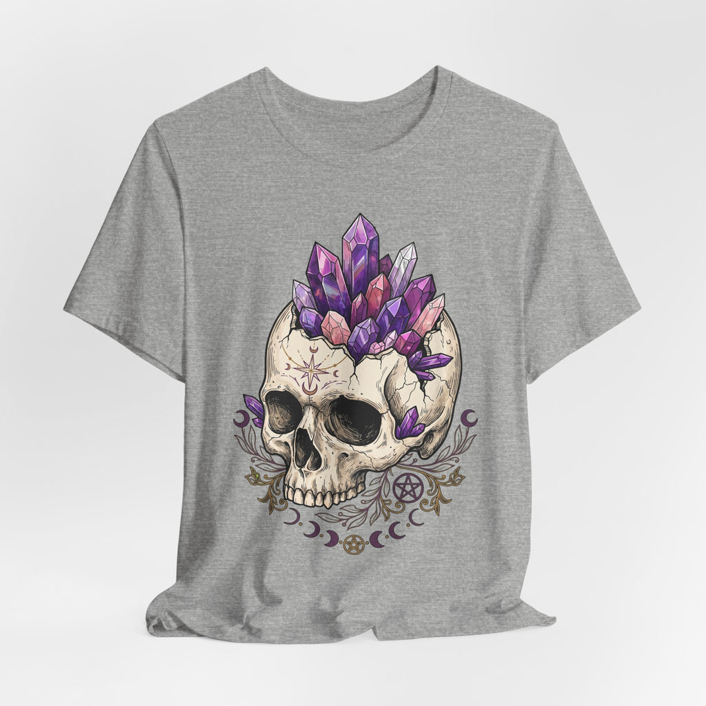 Crystal Skull T-Shirt on heather gray: front skull and purple crystal crown