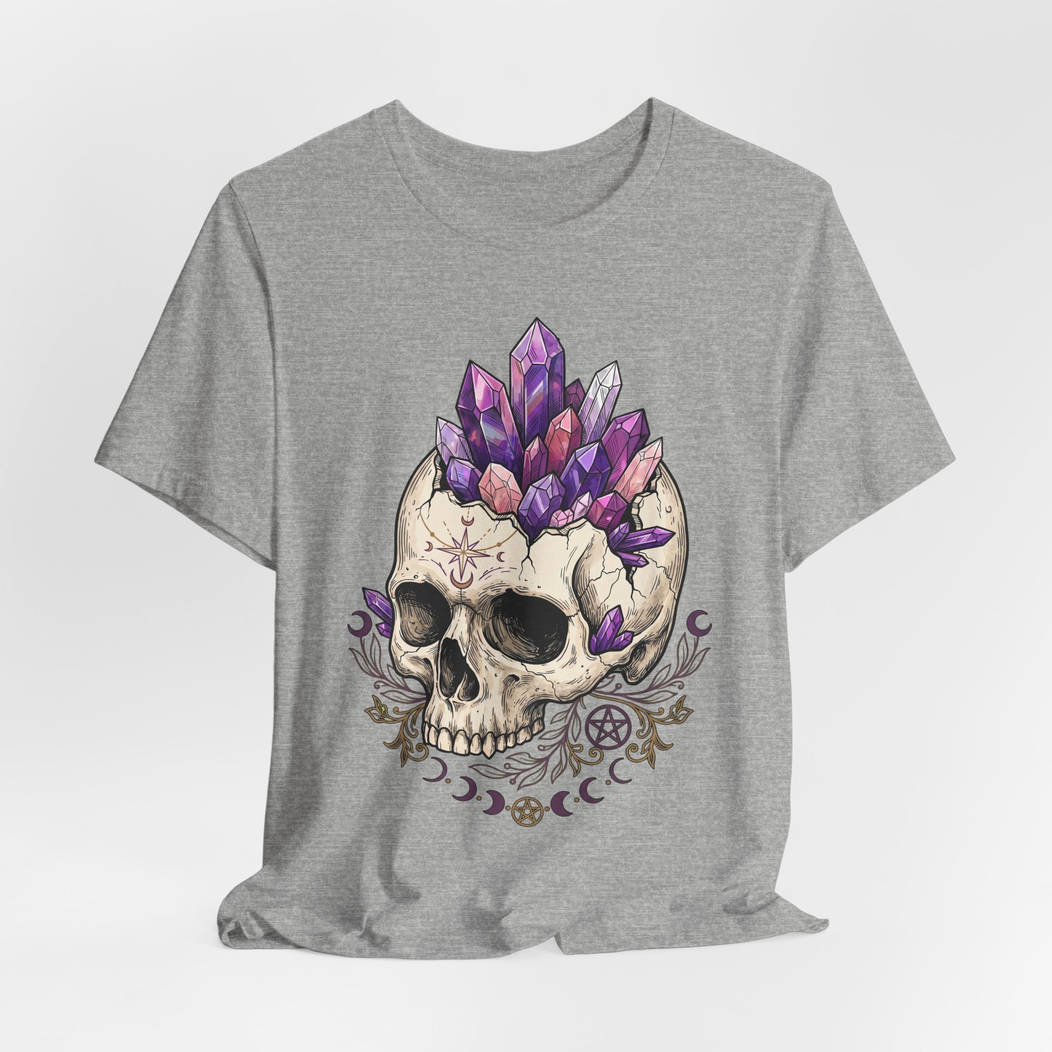 Crystal Skull T-Shirt on heather gray: front skull and purple crystal crown