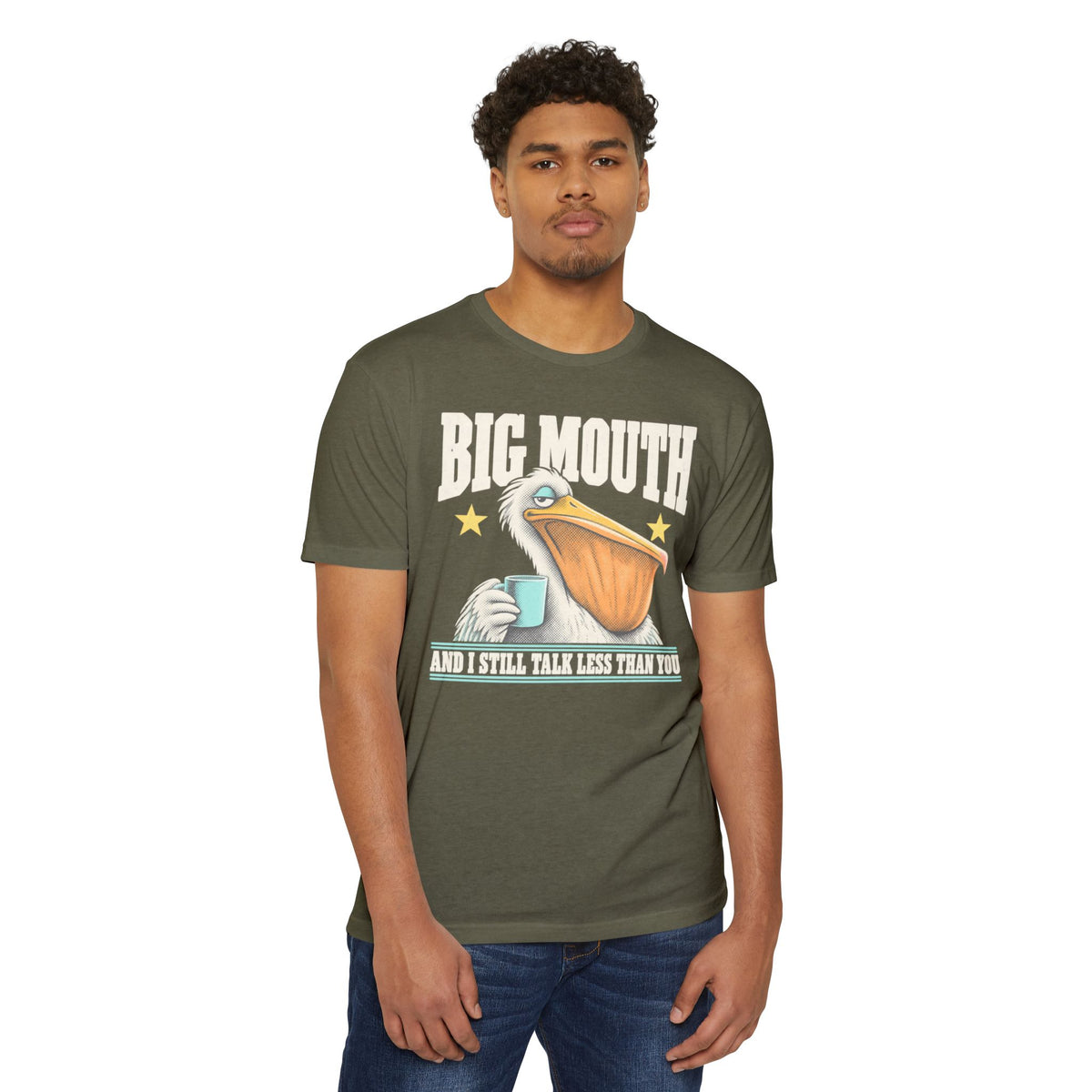 Olive green T-shirt with Big Mouth pelican coffee graphic on chest
