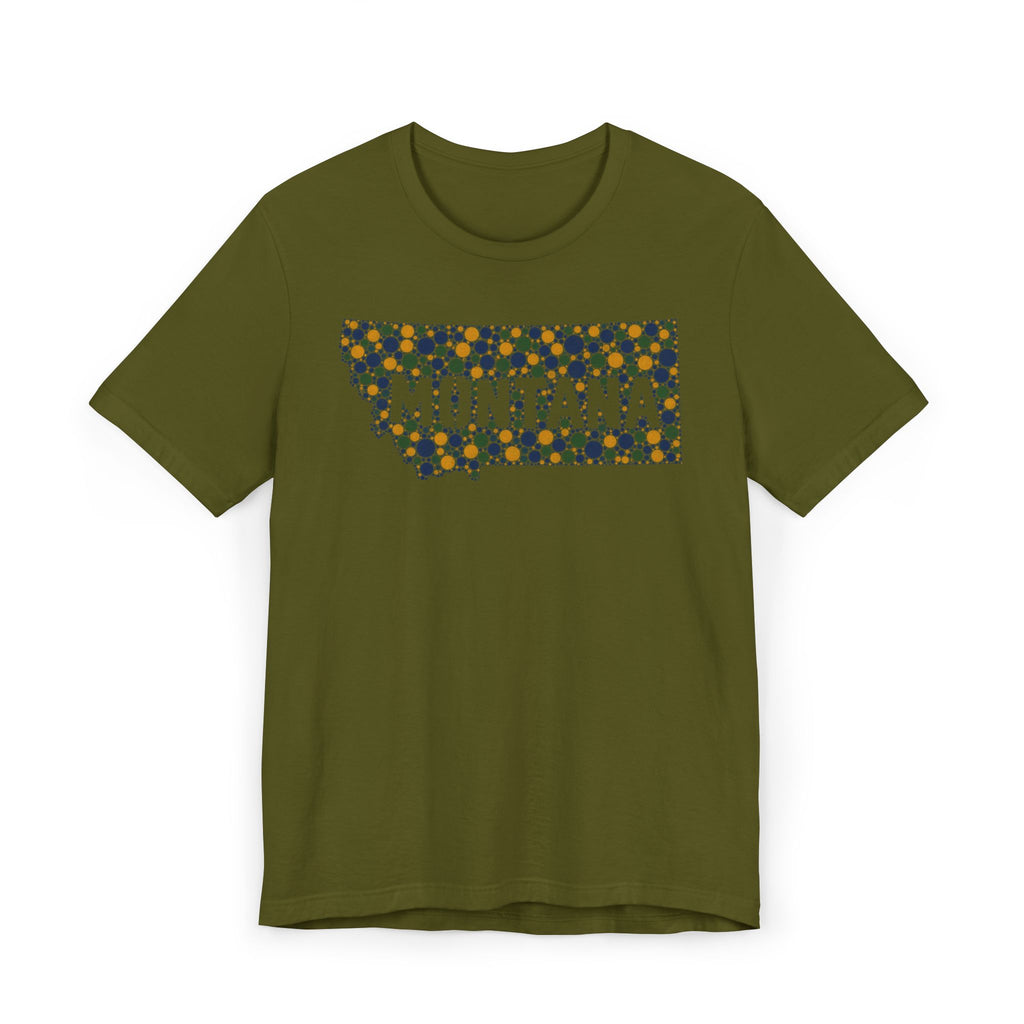Green crewneck t-shirt with “MONTANA” mosaic floral outline graphic on front.