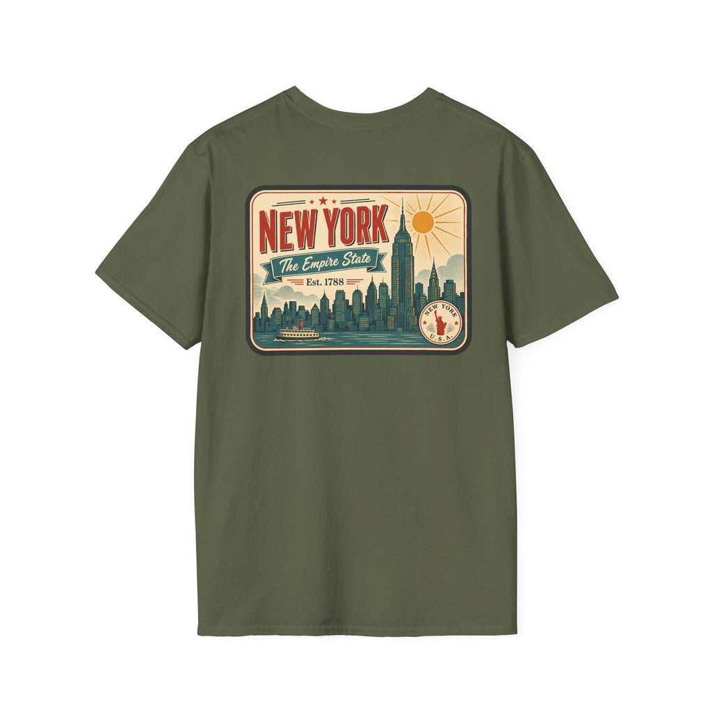 Olive green New York skyline graphic T-shirt, short-sleeve crew neck