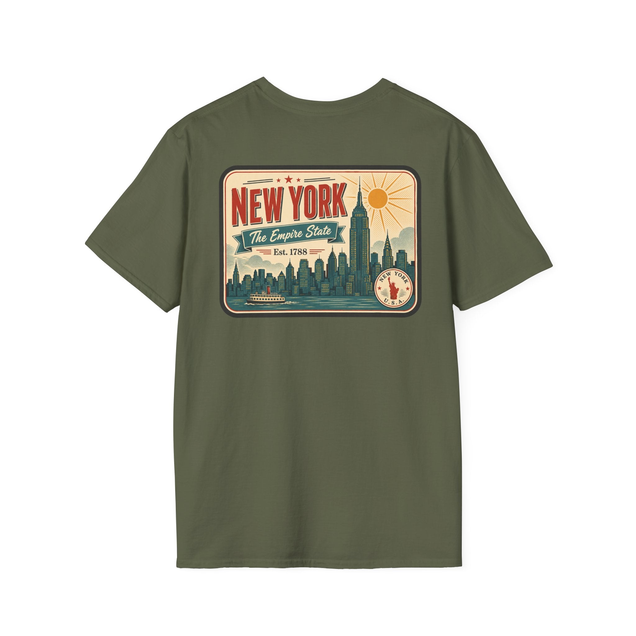 Olive green New York skyline graphic T-shirt, short-sleeve crew neck