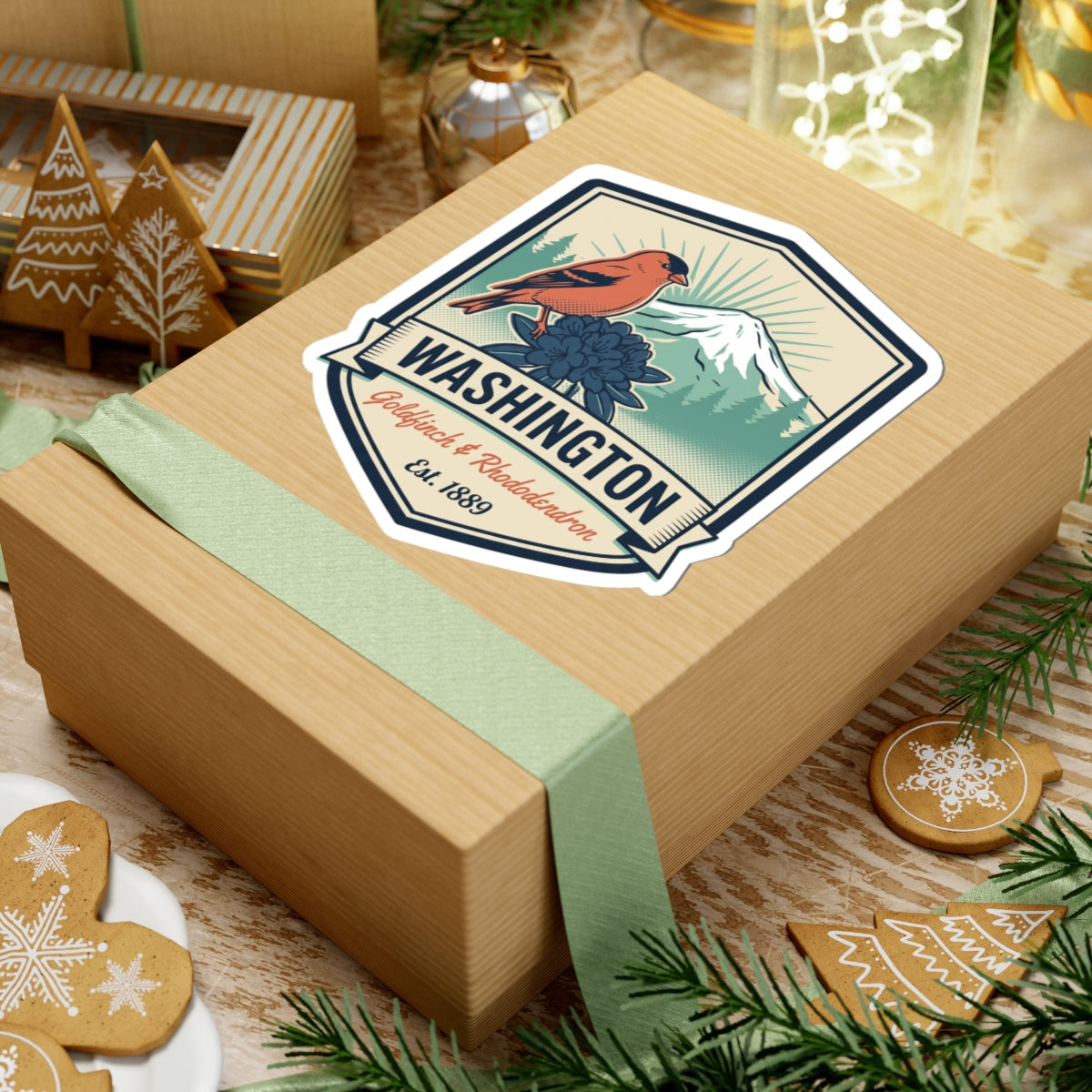 Washington badge sticker on gift box with orange bird, mountains, Goldfinch & Rhododendron