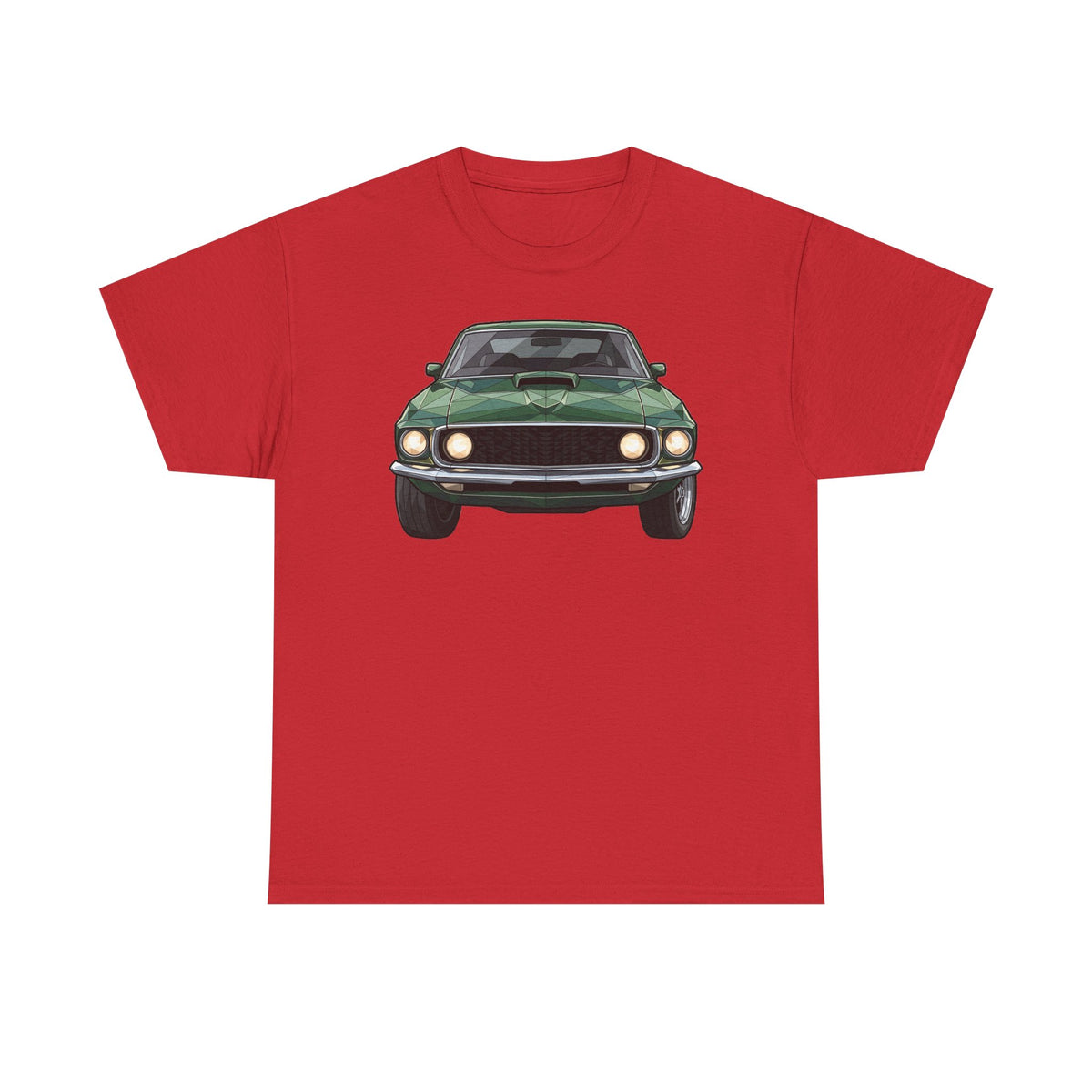 Red t-shirt with vintage green classic muscle car front graphic