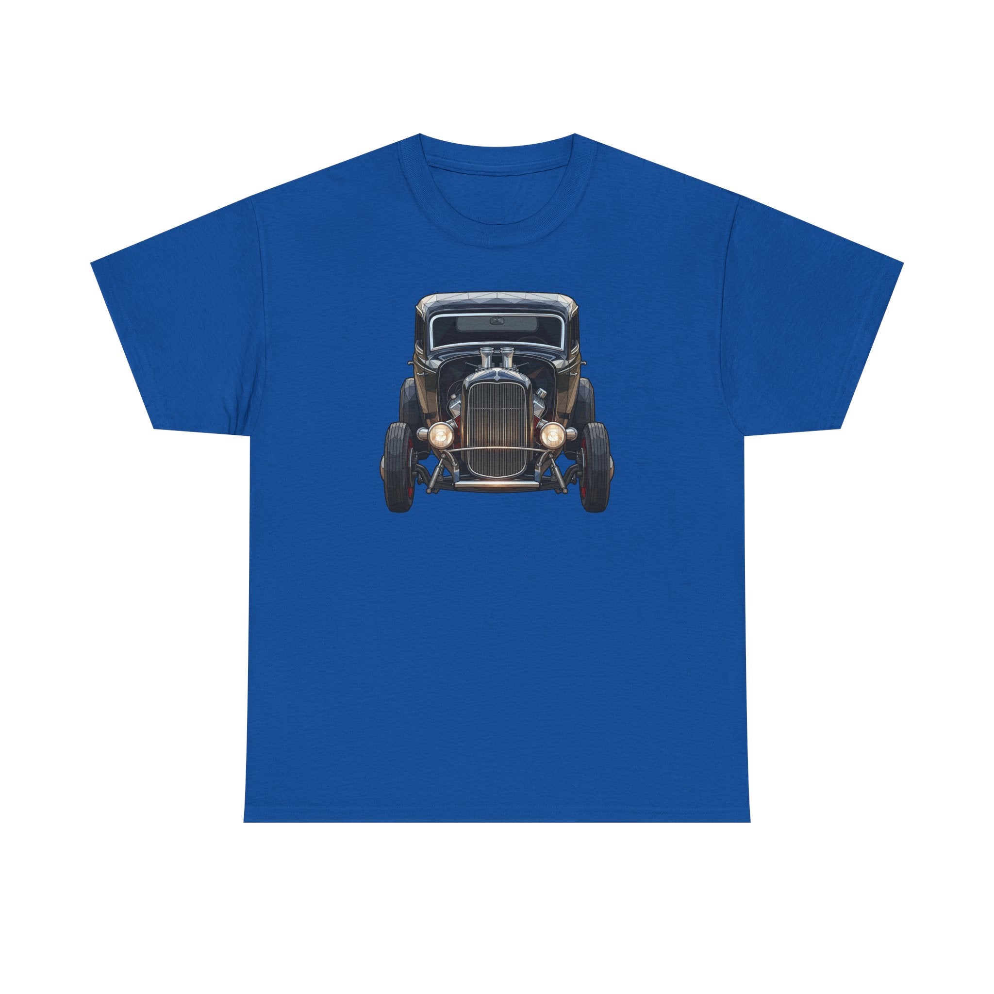 Royal blue T-shirt with vintage hot rod car graphic centered on the chest