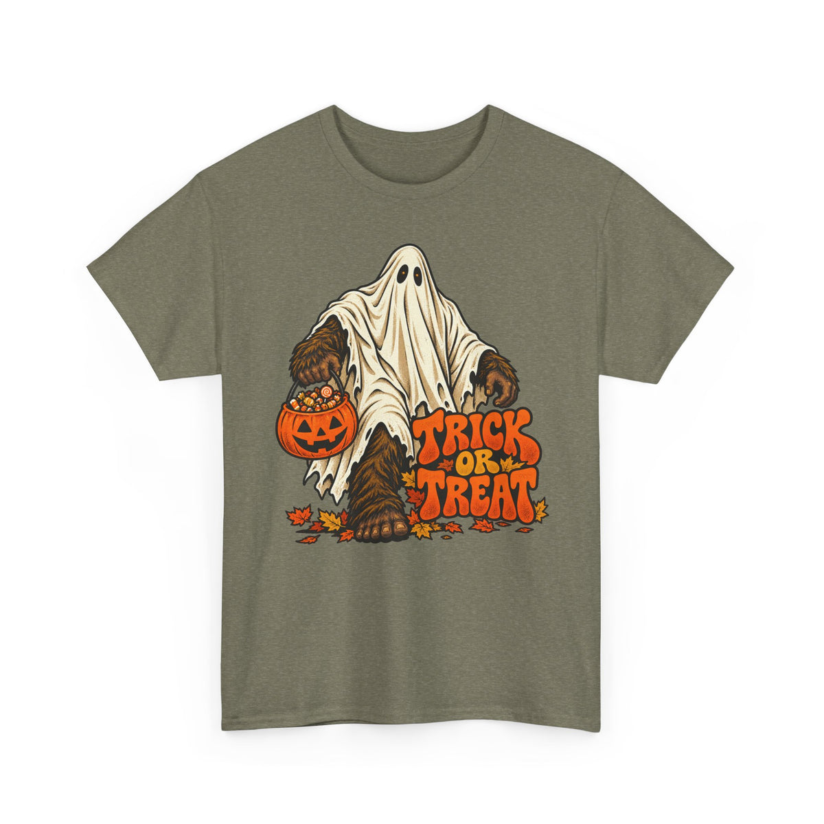 Olive green crew neck T-shirt with Bigfoot ghost holding a jack-o’-lantern, “Tricks or Treats”