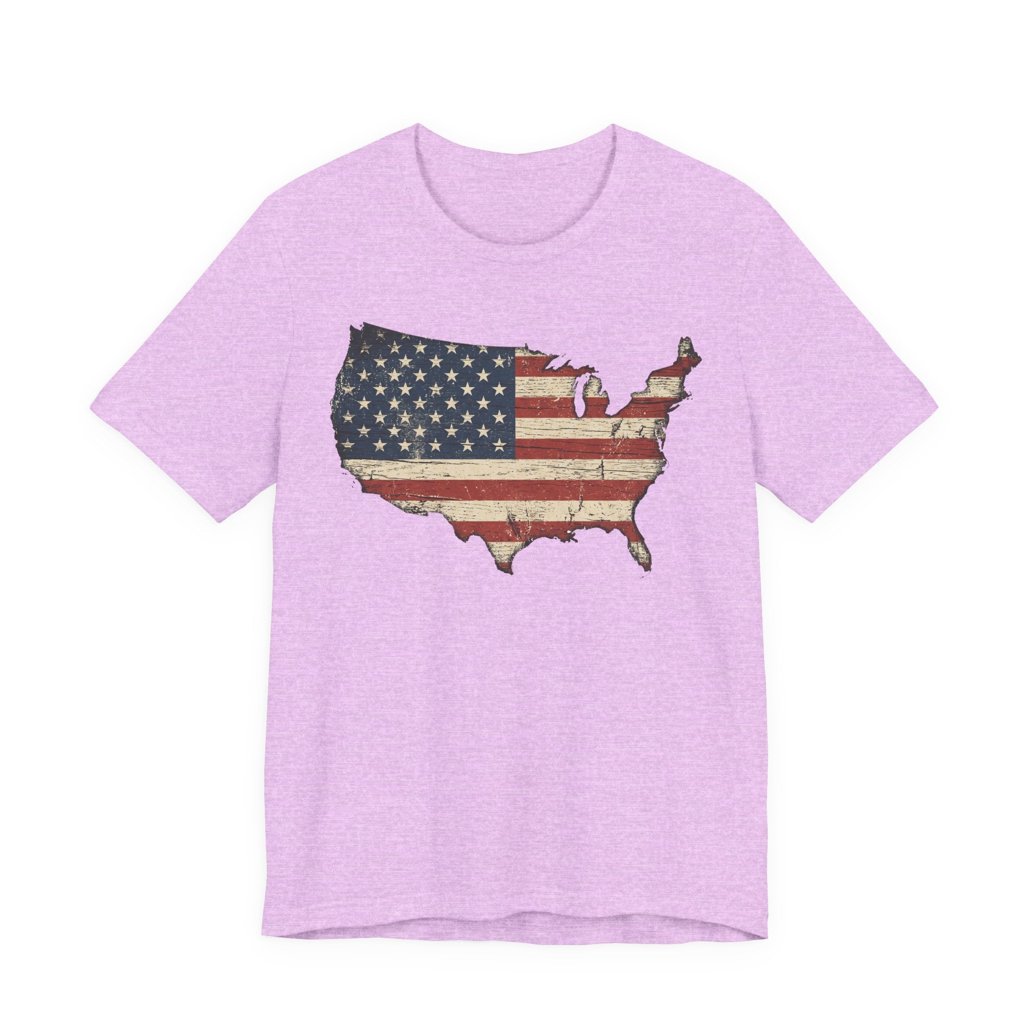 Lavender crewneck T-shirt with distressed American flag map graphic