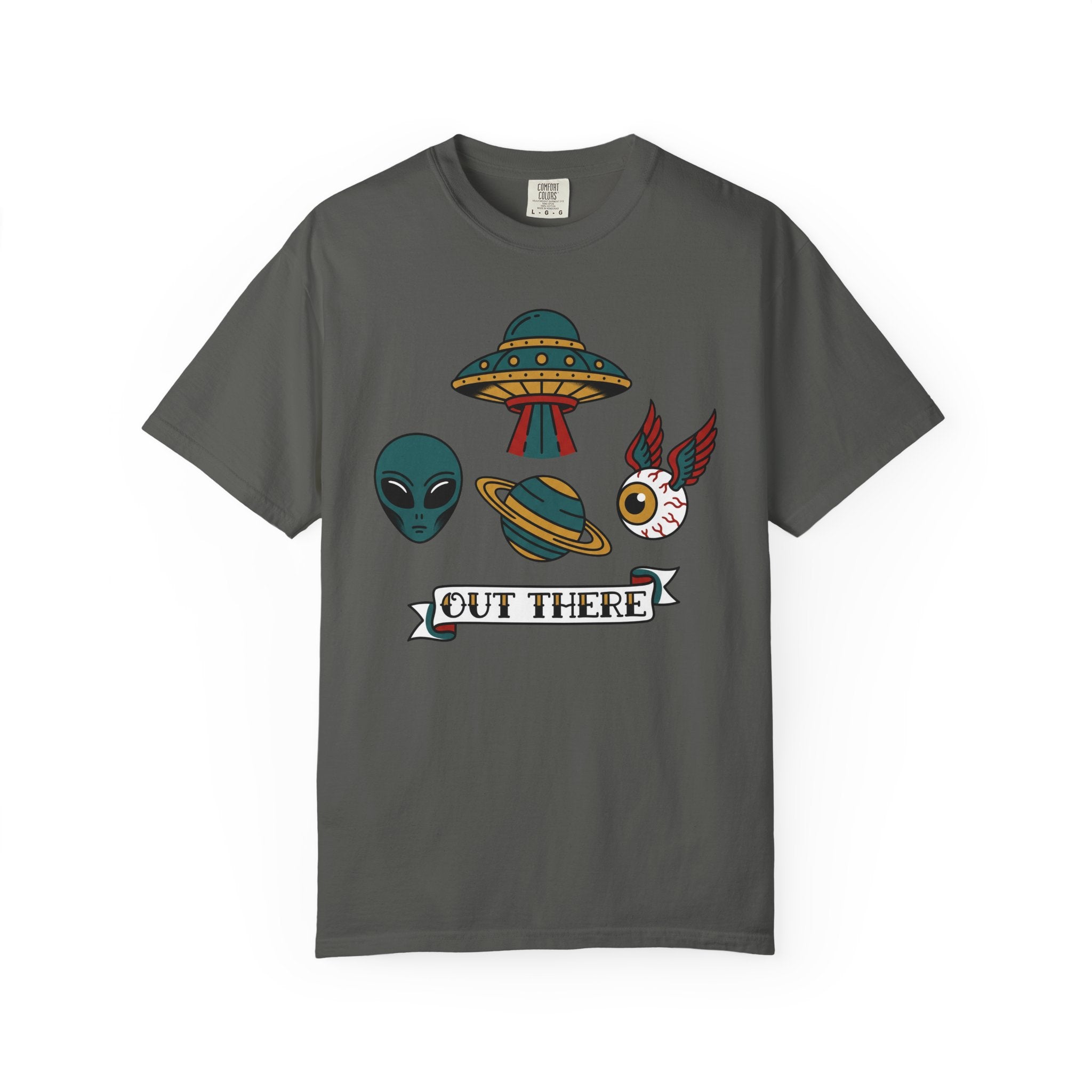 Charcoal graphic T-shirt with alien, UFO, and "OUT THERE" patch-style print