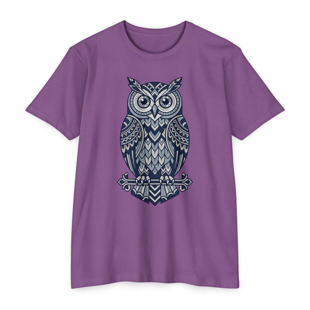 Graphic owl T-shirt, purple crew neck short sleeves, blue owl graphic
