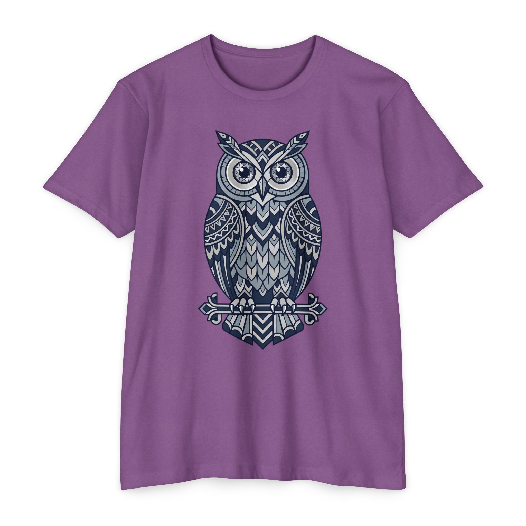 Graphic owl T-shirt, purple crew neck short sleeves, blue owl graphic