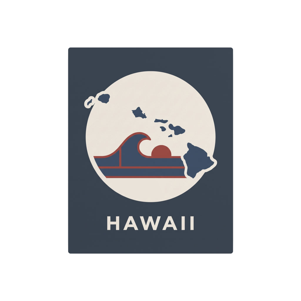 Dark blue square Hawaii metal wall sign with island circle graphic, waves, and “HAWAII”