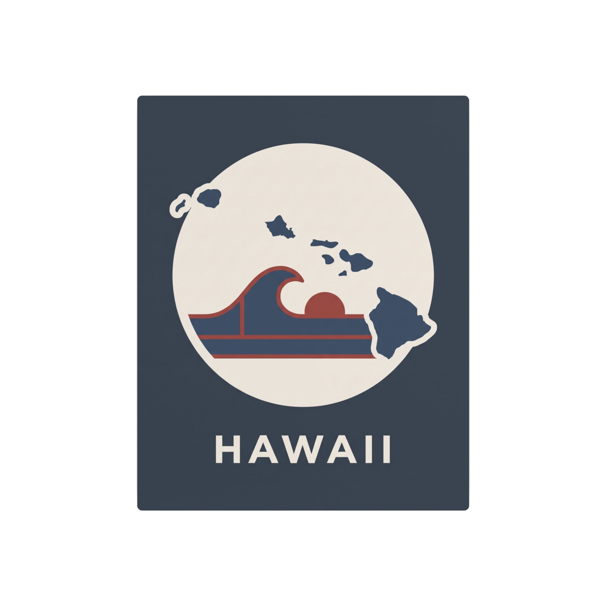 Dark blue square Hawaii metal wall sign with island circle graphic, waves, and “HAWAII”