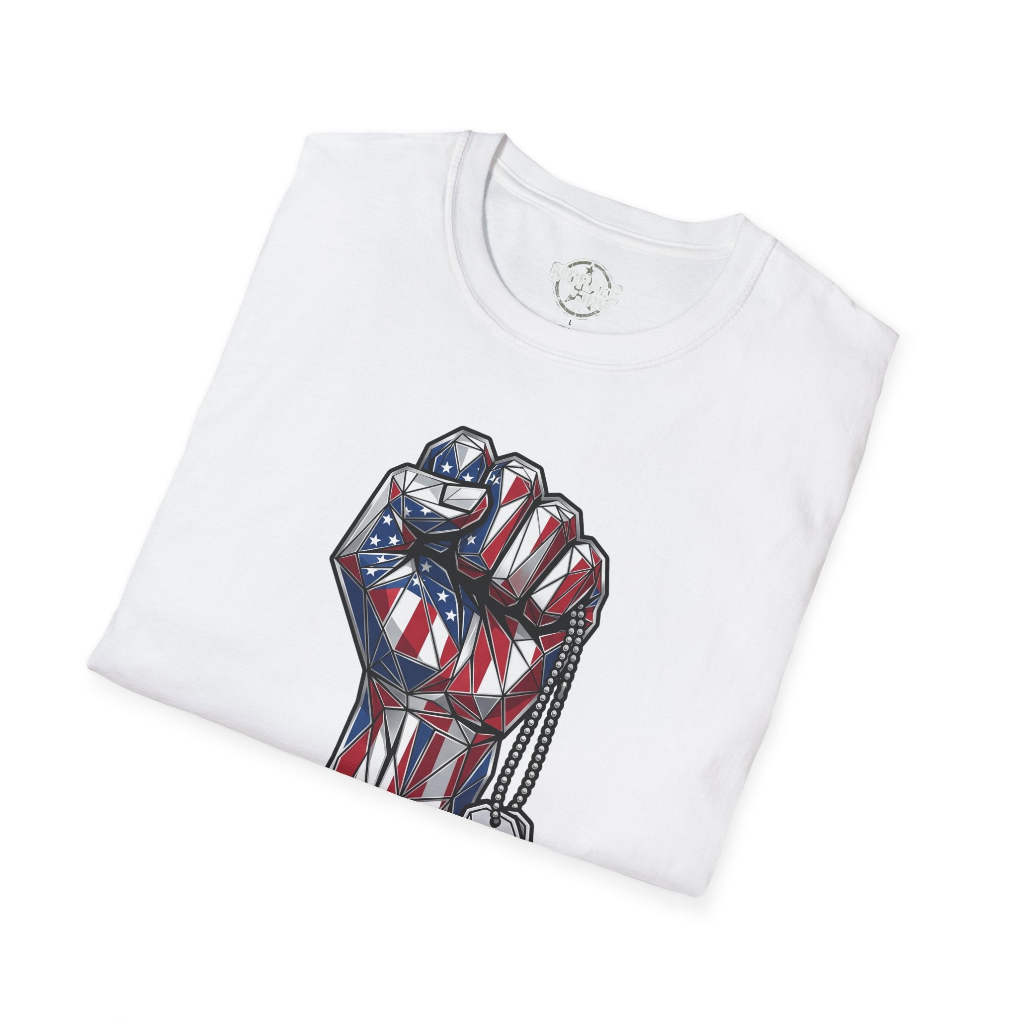 Patriotic Fist T-Shirt in White with dog tags graphic and US flag colors