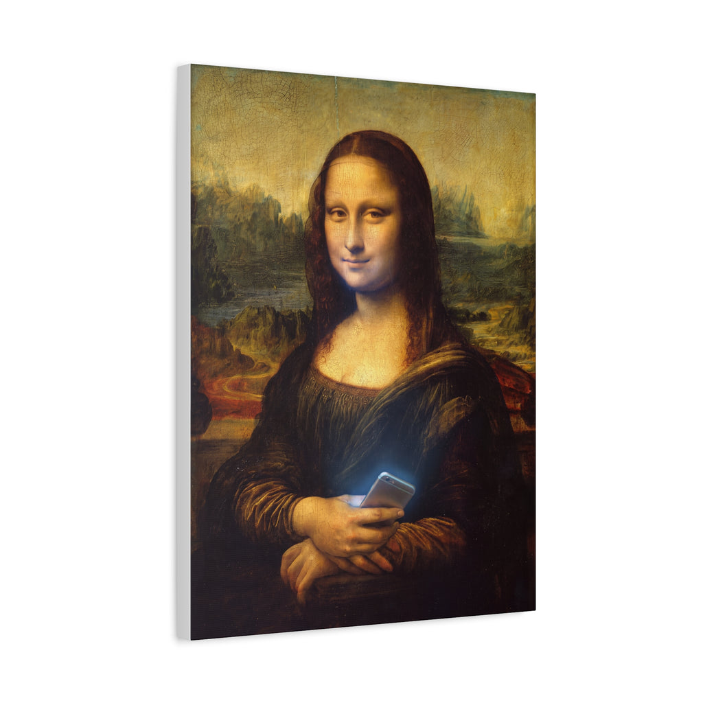 Matte canvas print of Mona Lisa holding a smartphone, portrait orientation