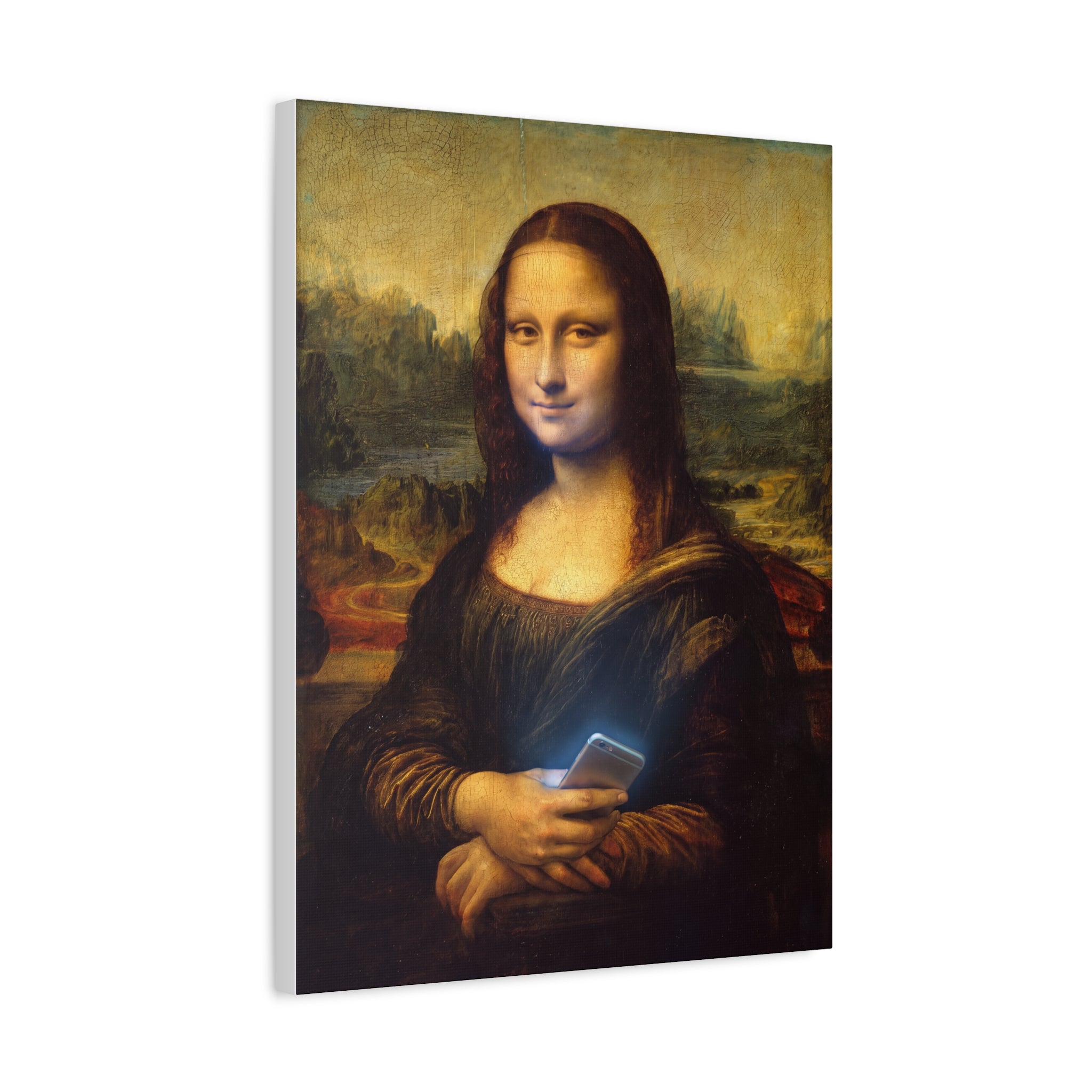 Matte canvas print of Mona Lisa holding a smartphone, portrait orientation
