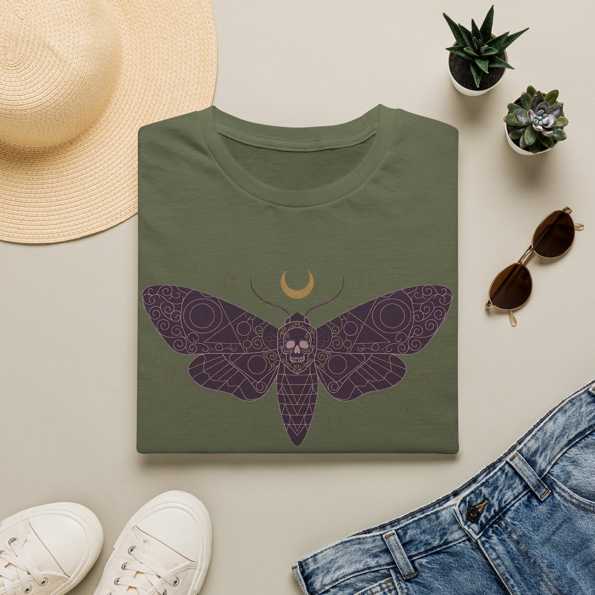 Olive green moth skull graphic T-shirt with crescent moon and purple wings